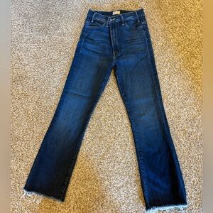 MOTHER Hustler Ankle Fray High Rise Jeans in Dark Blue